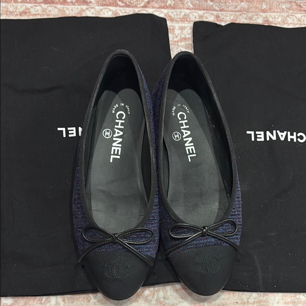 Chanel Black and Blue and Maroon Tweed Ballerinas 36